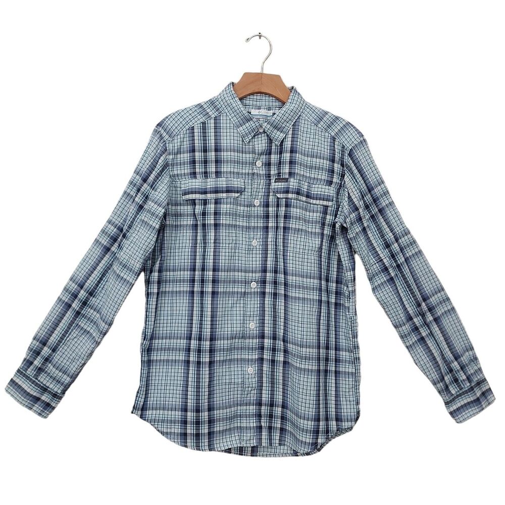 Columbia Shirt Mens Small Blue Roll Tab Sleeve Plaid Nylon Vented Outdoor Hiking